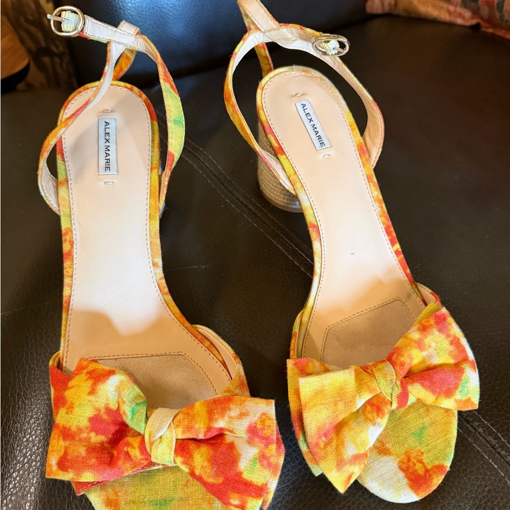 Alex Marie Yellow Orange Floral Bow Ankle-Strap Sandals